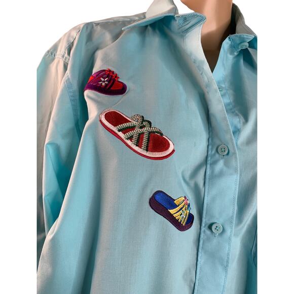 Las Olas Women's Large Shirt Embroidered Flip Flops Studded Detail Button Down - Picture 3 of 11